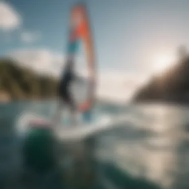 A serene water scene featuring an individual skillfully maneuvering a SUP windsurf board.