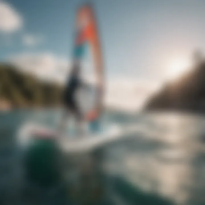 A serene water scene featuring an individual skillfully maneuvering a SUP windsurf board.