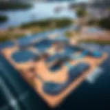Aerial view of a vibrant wakeboard park with various features