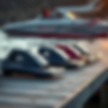Close-up of state-of-the-art wakeboarding equipment laid out on the dock