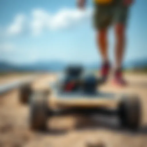 Close-up of an electric longboard showcasing its motor and battery technology
