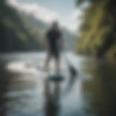 Paddleboarder in Action with Traction Pad A paddleboarder performing maneuvers enhanced by the traction pad