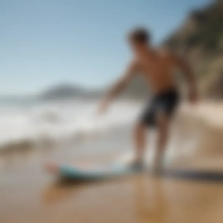 A beginner practicing skim boarding on a sandy beach