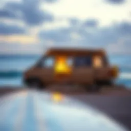An aesthetically designed surf van parked by the beach