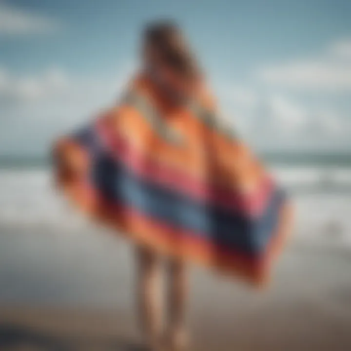 A vibrant surf poncho displayed on a sandy beach