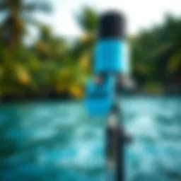 Reef Blue Yeti microphone set against a tropical background