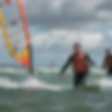 Discussing Safety Protocols in Kiteboarding Safety protocols being discussed during a kiteboarding lesson