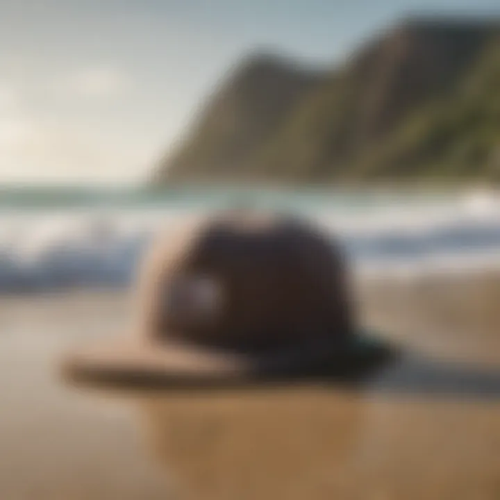 Roxy cap placed on a surfboard against a scenic beach backdrop, symbolizing lifestyle integration.