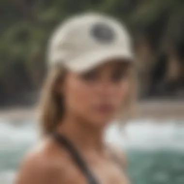 Roxy cap being worn by a surfer at the beach, highlighting its functionality in watersports.