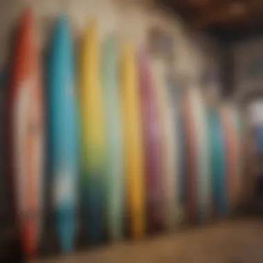 An array of surfboards displayed in a vibrant shop setting