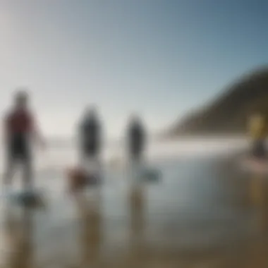 An instructor teaching a group of beginners how to surf