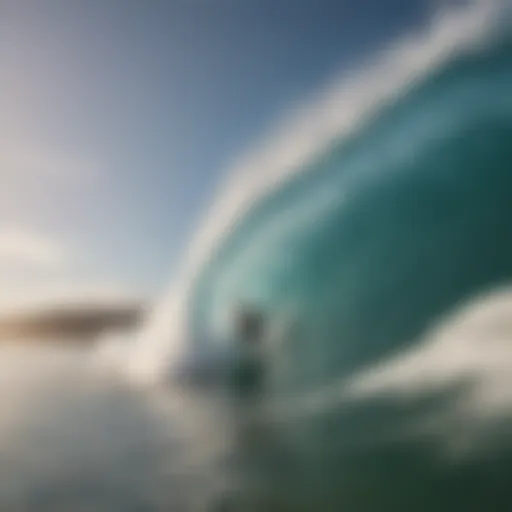 A serene beach landscape showcasing a surfer catching a wave