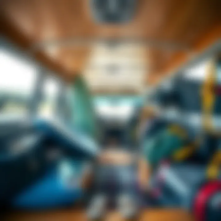 Interior of a well-outfitted surf campervan showcasing gear and surfboards