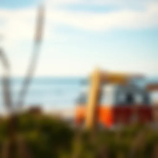 A scenic view of a surf campervan parked by the beach with surfboards attached