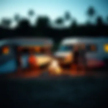 Surfers Gathering Around Campfire Group of surfers gathered around a campfire near their surf campervans