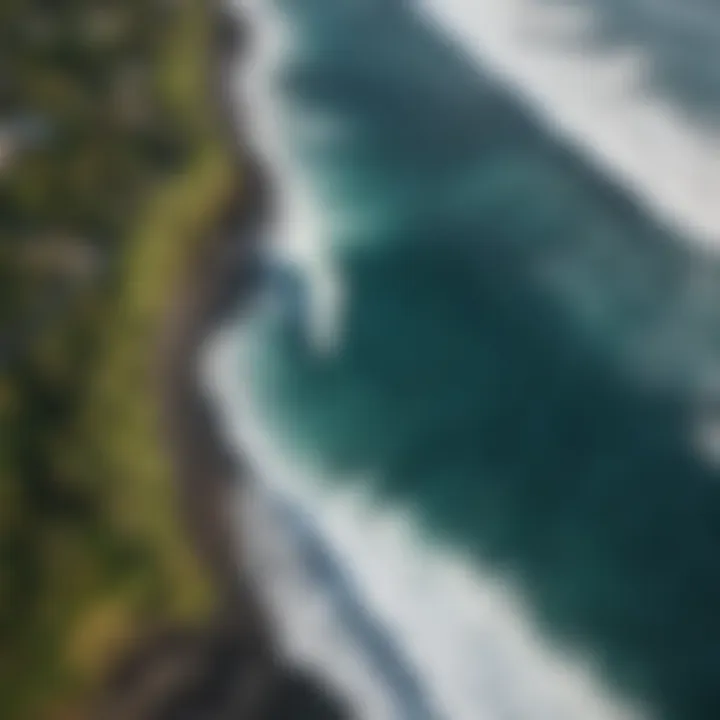 Aerial view of Kona coastline showcasing surf spots