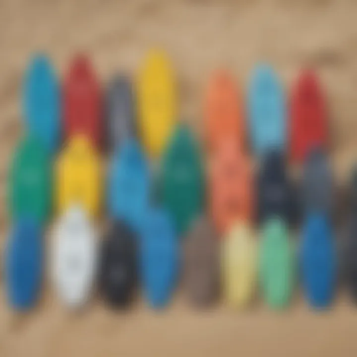 A vibrant collection of top body boards displayed on the beach.