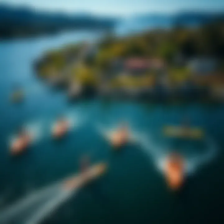 An aerial view of diverse foil board activities on a lake