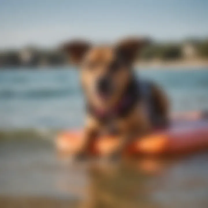 Close-up of a dog on a colorful boogie board