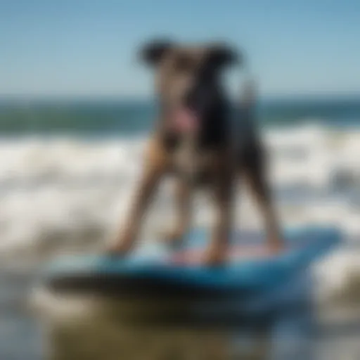 A dog happily riding a boogie board on the waves