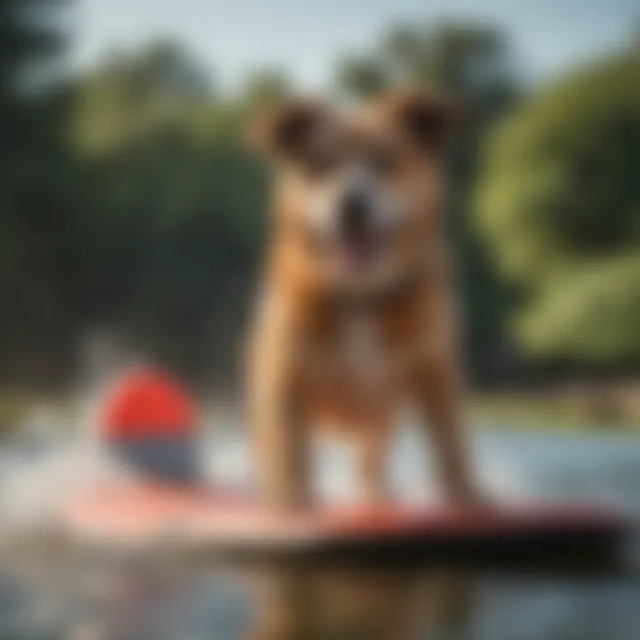 A joyful dog splashing in water while on a boogie board