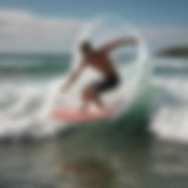 Skimboarder catching a wave, demonstrating the performance of a fiberglass board