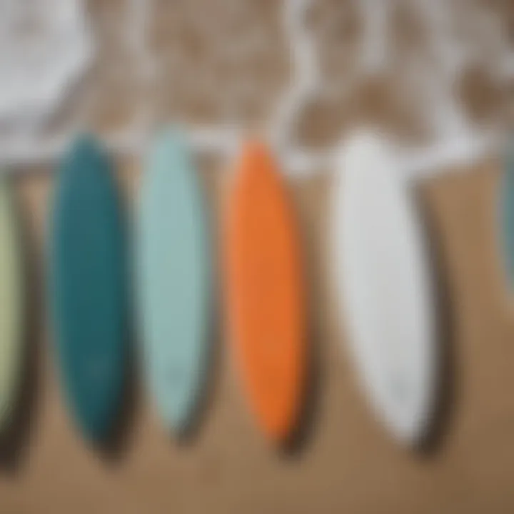 A variety of fiberglass skimboards arranged to highlight different shapes and sizes