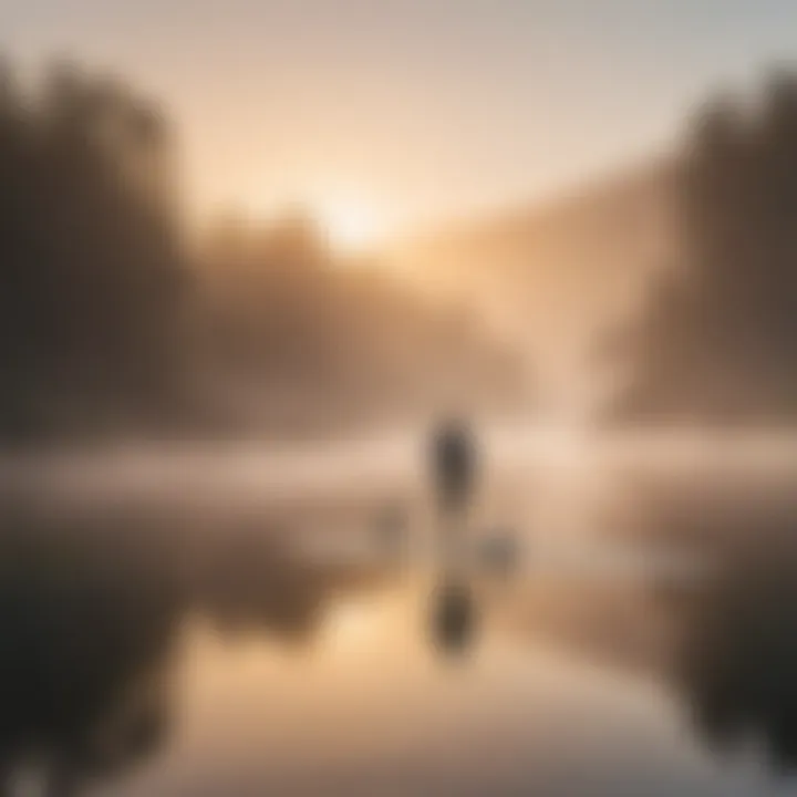 A serene lake at dawn with a paddle boarder gliding through the mist