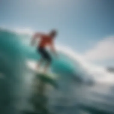 A vibrant ocean scene with surfers donning eco-friendly rash guards