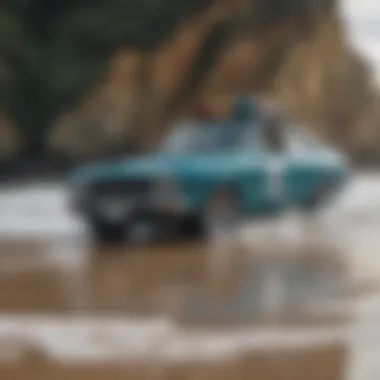 A scenic beach background showcasing cars with surfing decals