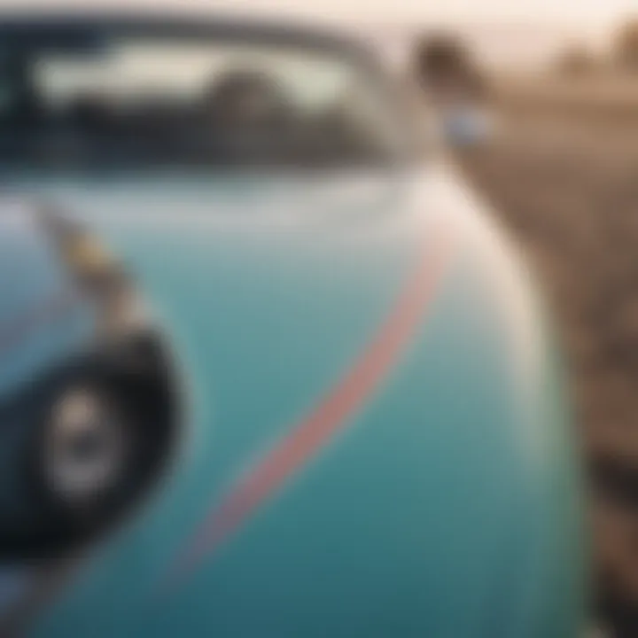 Close-up of a surfboard-themed car decal