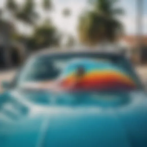Colorful surfing decal on a car windshield