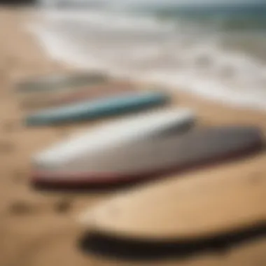 A collection of various used skimboards lined up on a beach