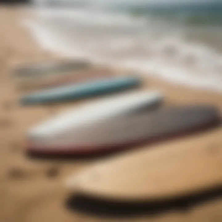 A collection of various used skimboards lined up on a beach