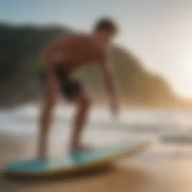 A person examining a used skimboard before purchase