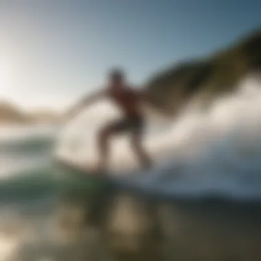 Skimboarder riding a wave with a used skimboard