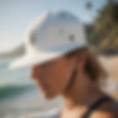 Close-up of a surfing hat with adjustable strap and unique design