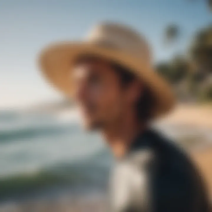 Surfing enthusiast wearing a hat with a strap in a sunny beach setting