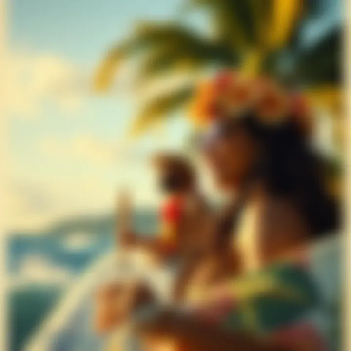 An artistic representation of Hawaiian culture in a vintage travel poster