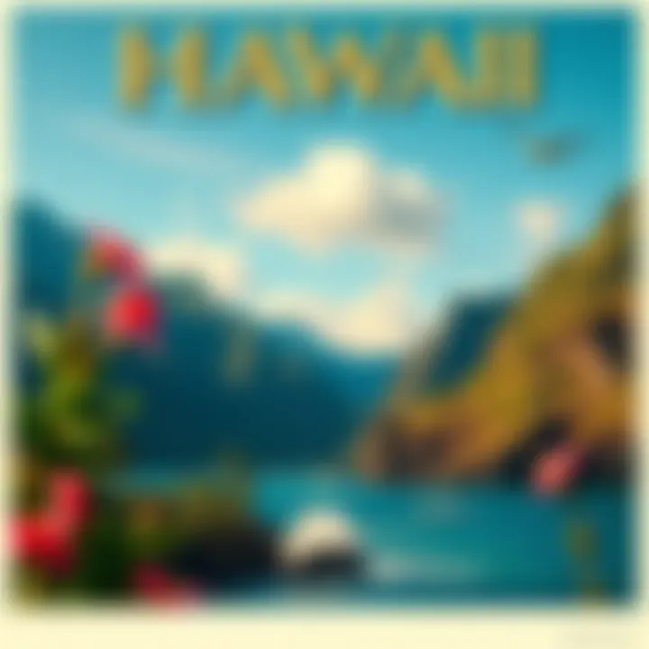 A classic vintage Hawaii travel poster showcasing beautiful landscapes
