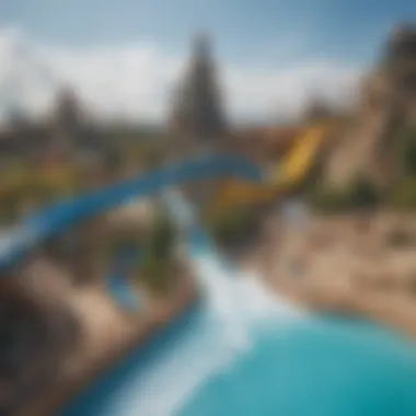 An overview of a water park with multiple attractions including flowriders