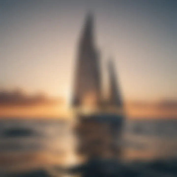 A serene sailing boat navigating through calm waters at sunset