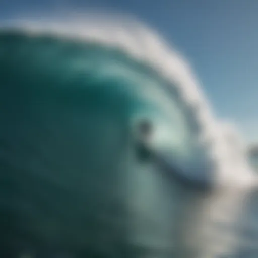 A breathtaking view of a surfer riding a powerful wave