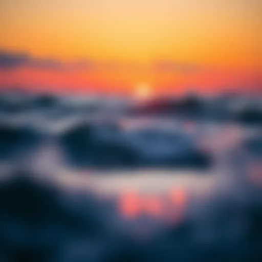 A vibrant sunset over ocean waves, perfect for surfing
