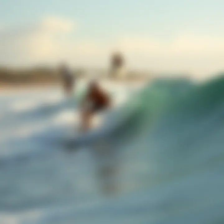 Surfers riding the waves in a lively beach setting