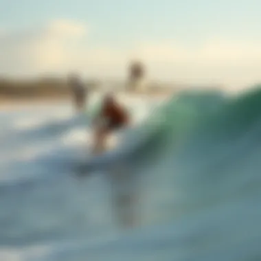 Thrilling Wave Riding Experience Surfers riding the waves in a lively beach setting