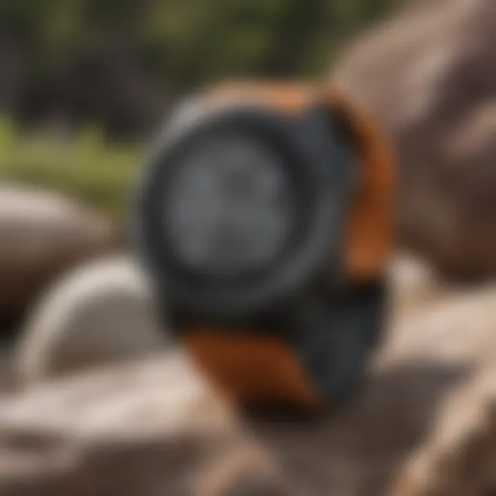 Close-up of the Garmin Instinct Solar Graphite Watch in a rugged outdoor setting