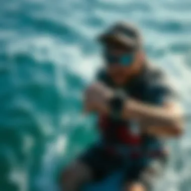 Active Use of Garmin Instinct During Water Activities User engaging in water sports while wearing Garmin Instinct smartwatch