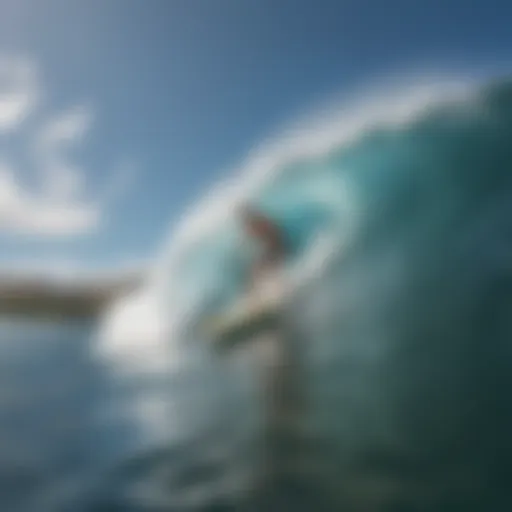 A picturesque view of a surfer riding a wave in Maui