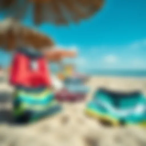 Vibrant board shorts displayed on a sandy beach